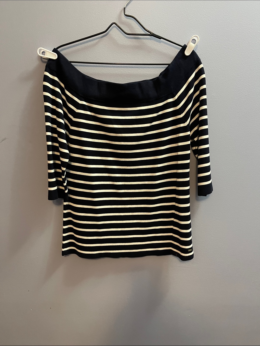 Tommy Hilfiger Navy Blue & White Striped Off-the-Shoulder Sweater